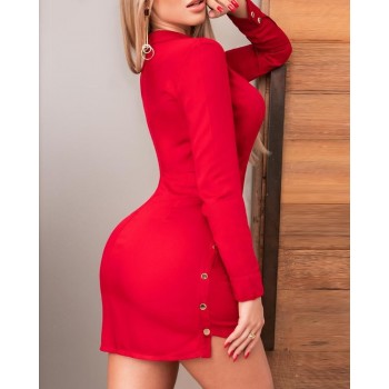 Women Fashion Elegant Casual Mini Solid Long Sleeve Dress Button Front Sides Slit Shirt BodyconDress